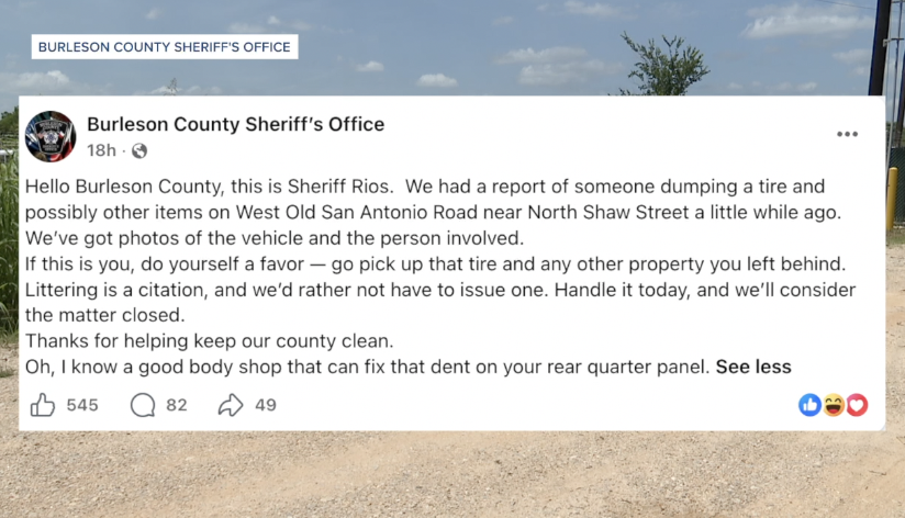 Burleson County sheriff gives tire dumper chances to come forward before issuing citation
